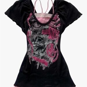 Women’s Y2K Grunge Black Graphic Layered Tank Top with Pink Accents